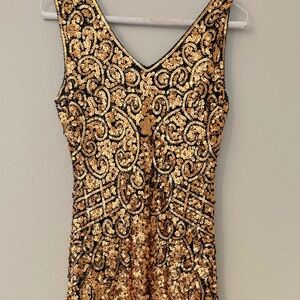 Gold and Black Flapper Style Dress with fringe-Size Small-Gatsby Vibes